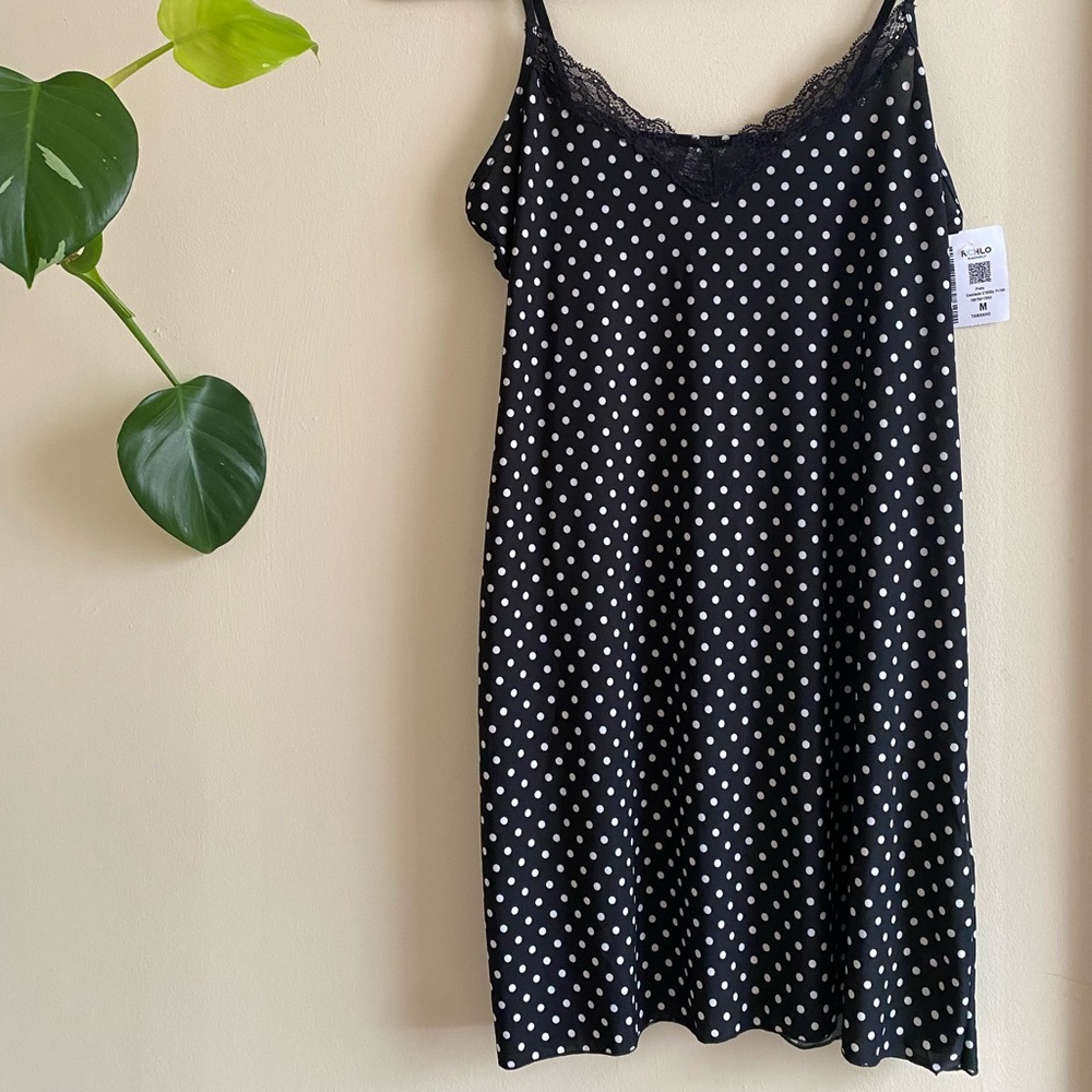 Polka Dot Lace Trim Slip Dress - Black and White